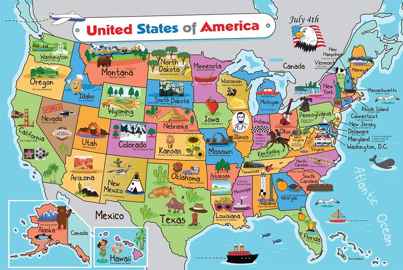 Pro Image Lines Kids United States Map | Wall Poster 13" x 19" US Map Premium Paper | 50 USA States w/Slogans & Images - Laminated - Image 1